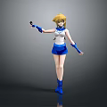 3D Model Female Character With Blonde Hair In Blue And White Outfit Holding Black Object