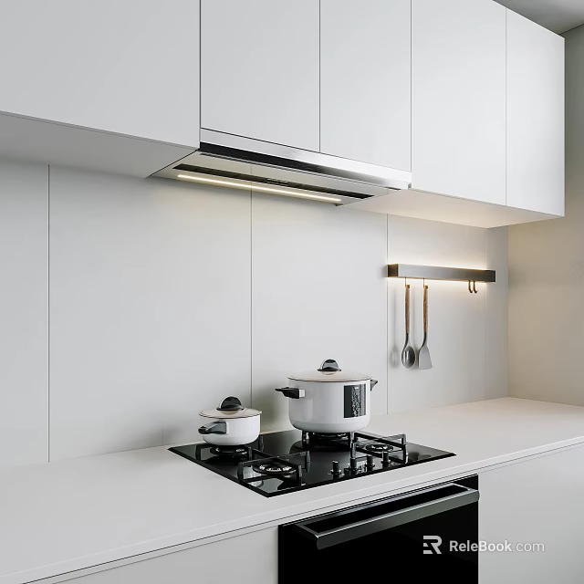Modern Kitchen With Sleek Stove Range Hood And Essential Appliances 3d model 