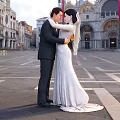 Couple Embracing In Front Of St Marks Basilica In Wedding Attire