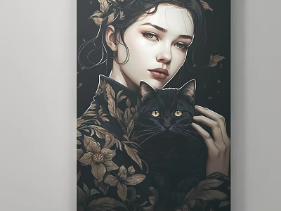 Portrait Painting Of Woman Holding Black Cat In Floral Clothing With Falling Leaves 3d model