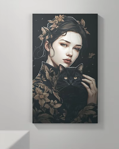 Portrait Painting Of Woman Holding Black Cat In Floral Clothing With Falling Leaves 3d model