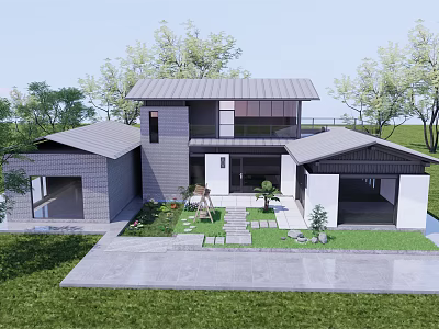 Modern Homestay Building With Gray White Exterior Surrounded by Trees and Green Courtyard 3d model