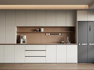 Modern Kitchen Sideboard With White Cabinets Wooden Countertop Coffee Machine And Gray Refrigerator 3d model