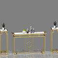Elegant Console Table with Golden Metal Frame Circular Pattern and Potted Green Plants 3d model