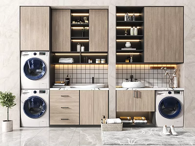 Modern Wooden Bathroom Cabinetry With Storage Drawers Wash Basin And Stacked Washer Dryer 3d model