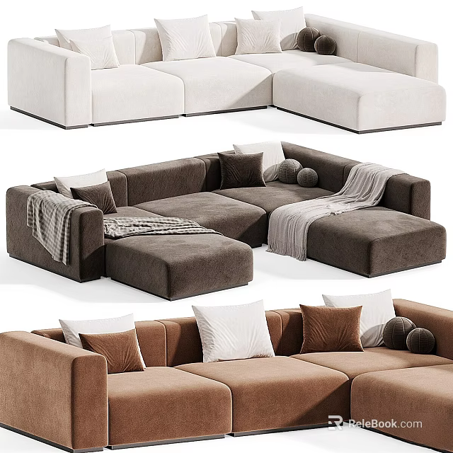 Modern Modular Sectional Sofa With Pillows And Throw Blankets In Neutral Tones For Living Room 3d model 