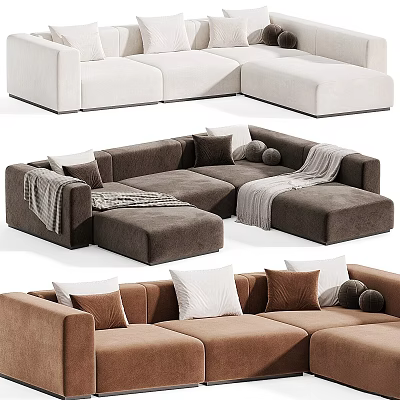 Modern Modular Sectional Sofa With Pillows And Throw Blankets In Neutral Tones For Living Room 3d model
