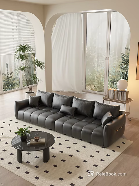 Modern Living Room With Leather Sofa Green Plants Coffee Table And Floor To Ceiling Windows 3d model 
