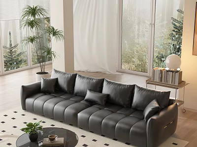 Modern Living Room With Leather Sofa Green Plants Coffee Table And Floor To Ceiling Windows 3d model