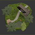 Cartoon Scene Featuring Small House With Thatched Roof Garden Flowers Trees and Stone Path