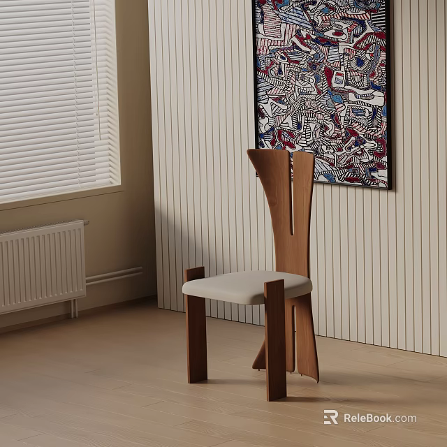 Wooden Dining Chair With Light Upholstered Seat In Room With Abstract Painting And Window Blinds 3d model 