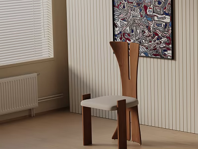 Wooden Dining Chair With Light Upholstered Seat In Room With Abstract Painting And Window Blinds 3d model
