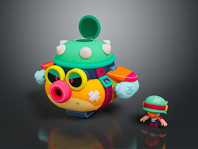 Colorful Cartoon Submarine Toy Featuring Green Top Yellow Body And Small Companion Figure 3d model