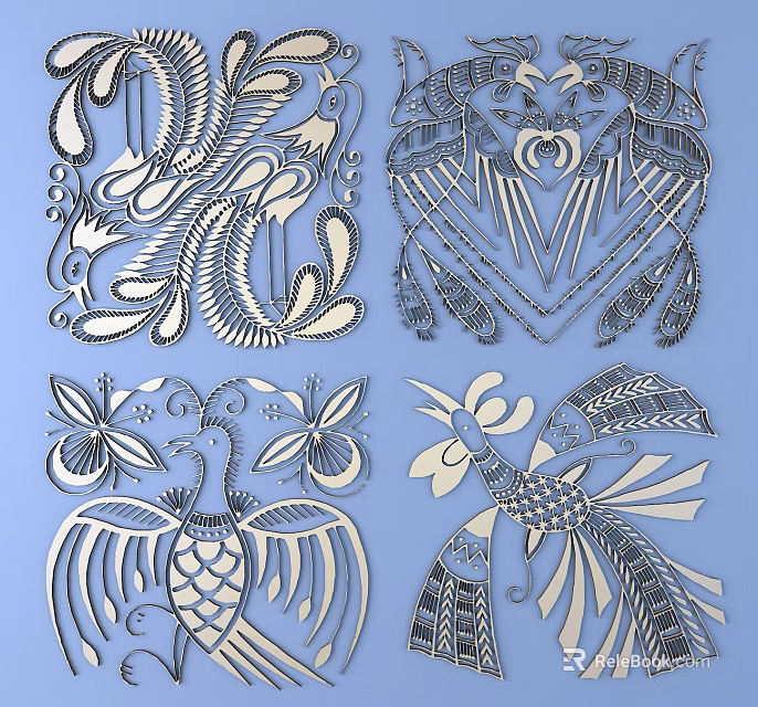 Intricate Decorative Carved Designs With Birds Butterflies And Floral Patterns On Blue 3d model 