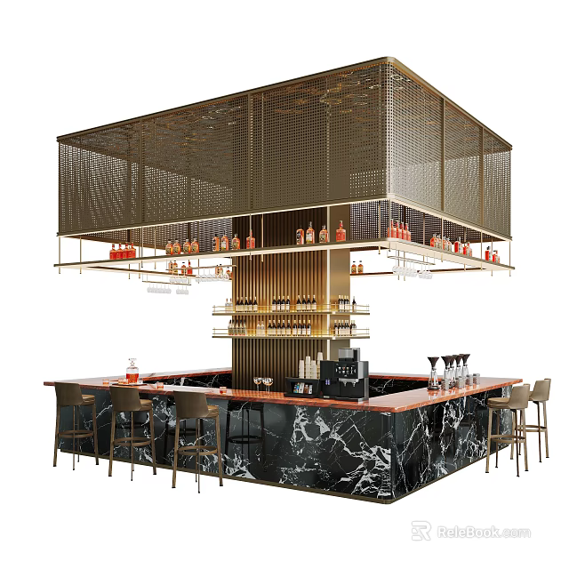 Modern Bar Design With Marble Countertop Gold Metal Mesh Wine Bottle Display And Bar Stools 3d model 
