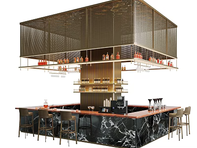 Modern Bar Design With Marble Countertop Gold Metal Mesh Wine Bottle Display And Bar Stools 3d model