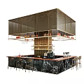 Modern Bar Design With Marble Countertop Gold Metal Mesh Wine Bottle Display And Bar Stools