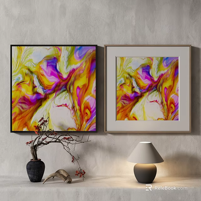 Colorful Inflatable Wall Art Decorations In Yellow Purple Pink Hues With Vase And Lamp 3d model 