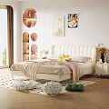 Cozy Modern Bedroom Interior With White Bed Circular Shelves And Decorative Paintings