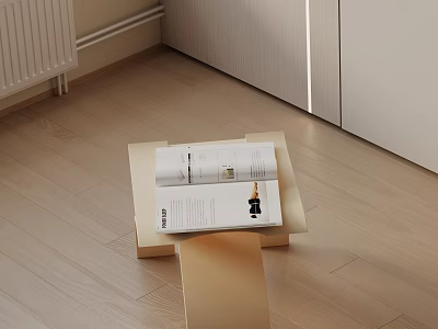Minimalist Neutral Colored Side Table With Open Magazine On Light Wooden Floor Interior 3d model