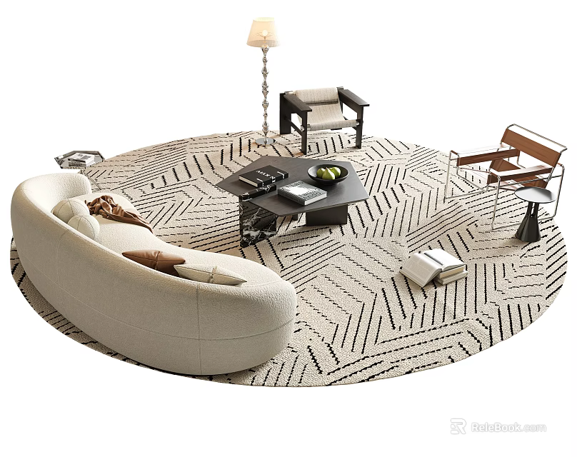 Modern White Sofa and Coffee Table Set with Patterned Area Rug Accent Chairs Floor Lamp 3d model 