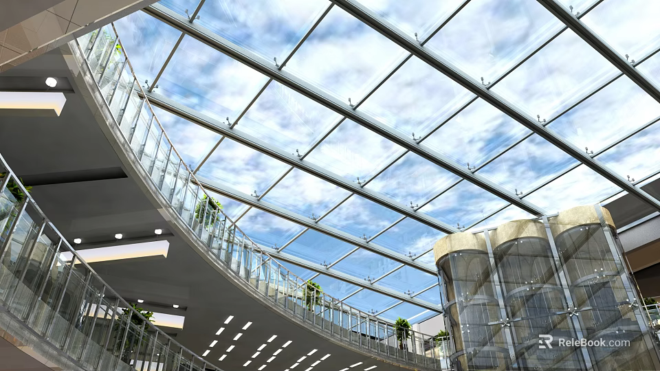 Shopping Mall Atrium With Glass Skylight Curved Walkway And Potted Plants 3d model 