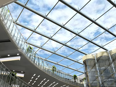 Shopping Mall Atrium With Glass Skylight Curved Walkway And Potted Plants 3d model