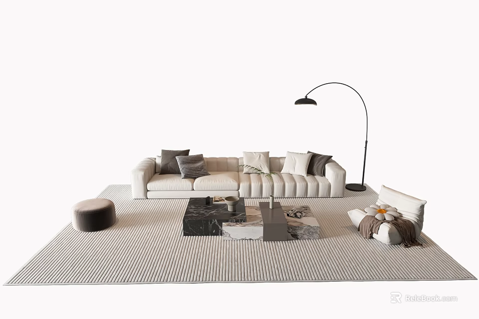 Modern Sofa Coffee Table Set With Beige Upholstery Marble Top Striped Rug And Floor Lamp 3d model 