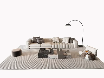 Modern Sofa Coffee Table Set With Beige Upholstery Marble Top Striped Rug And Floor Lamp 3d model