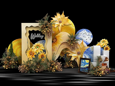 Beautiful Check-in Photo Spot With Sunflowers Frame Decorative Flowers Globe And Starry Night Painting 3d model