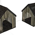 Two Rustic Wooden Dog Houses With Sloped Roofs And Arch Entrances