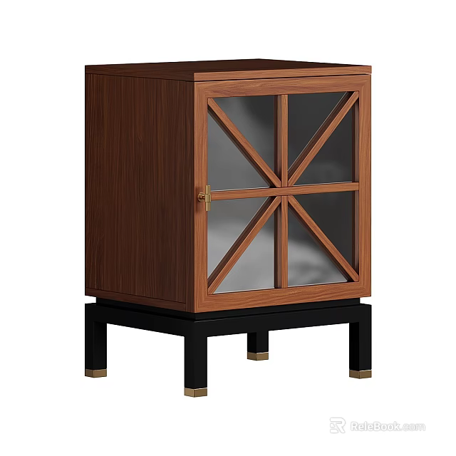 Modern Wooden Entryway Cabinet Sideboard With Cross Pattern Glass Door And Black Gold Feet 3d model 