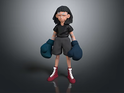 3D Character Girl Wearing Black Shirt Black Shorts Blue Boxing Gloves And Red Sneakers 3d model