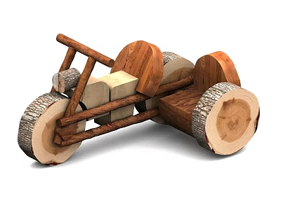 Handmade Wooden Toy Car With Log Wheels And Natural Wood Blocks 3d model