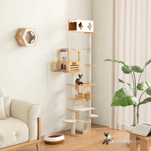 Multi Level Natural Wood Cat Tree with Perches and Condo in Modern Living Room 3d model 
