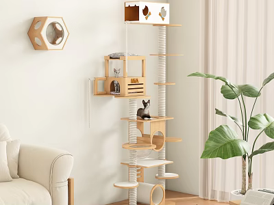 Multi Level Natural Wood Cat Tree with Perches and Condo in Modern Living Room 3d model