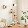 Multi Level Natural Wood Cat Tree with Perches and Condo in Modern Living Room