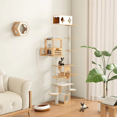 Multi Level Natural Wood Cat Tree with Perches and Condo in Modern Living Room 3d model