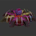 Futuristic Mechanical Building With Central Blue Red Sphere Metallic Spiked Structure And Illuminated Base