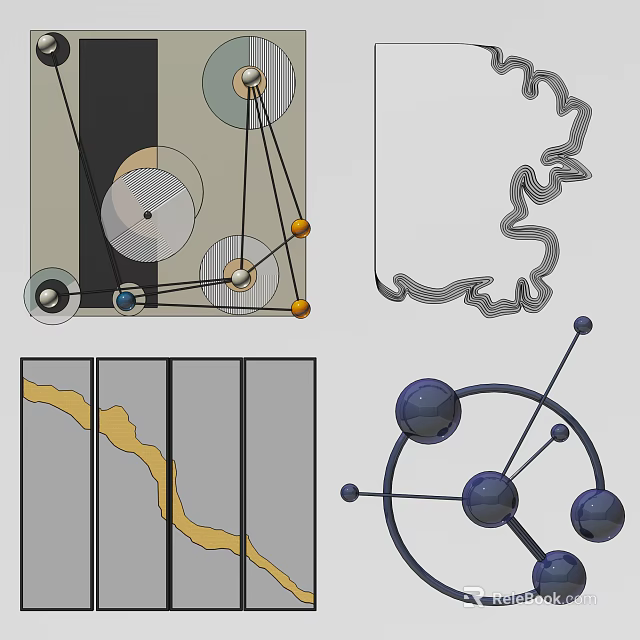 Modern Abstract Wall Decor With Geometric Lines Spheres And Curves Design 3d model 