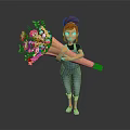Red Haired Cartoon Character In Black Top Blue Overalls Holding Large Bouquet Of Red Roses