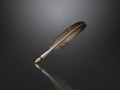 Elegant Quill Pen Featuring Natural Feather And Shiny Metal Nib On Dark Surface With Reflection 3d model
