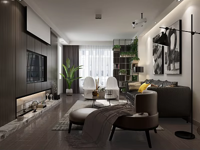 Modern Living Room Interior Design With Dark Wood Walls TV Green Plants And Sofa 3d model