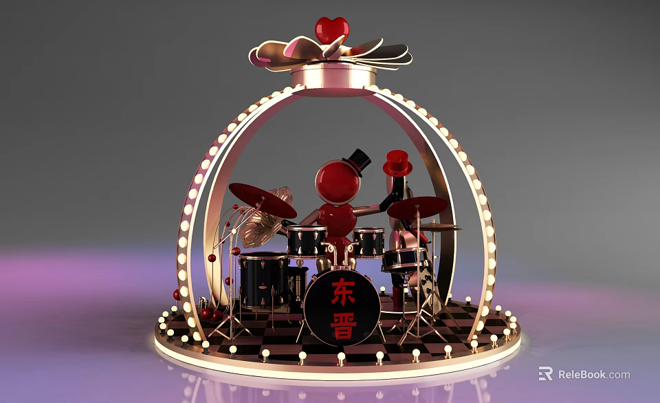 Red Decorative Figure with Drum Set Surrounded by Lights Top Heart and Base Dongjin Text 3d model