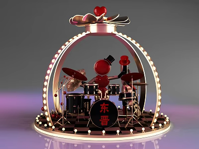 Red Decorative Figure with Drum Set Surrounded by Lights Top Heart and Base Dongjin Text 3d model