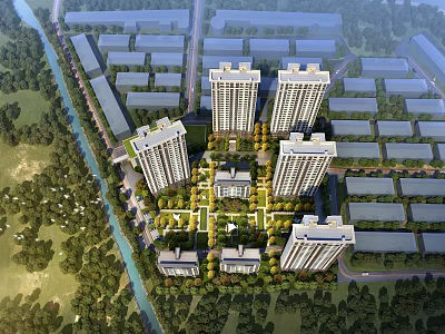 Aerial Planning of Modern Residential Area with High Rise Buildings Greenery and Water Body 3d model