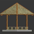 Traditional Wooden Hexagonal Pavilion with Sloped Roof Pillars and Benches on Gray Concrete Base