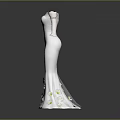 Elegant White Long Dress with Off Shoulder Long Sleeves and Small White Yellow Flowers