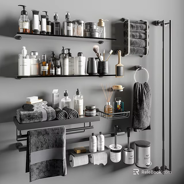 Organized Bathroom Shelves with Daily Washing Supplies Bottles Towels and Brushes 3d model 
