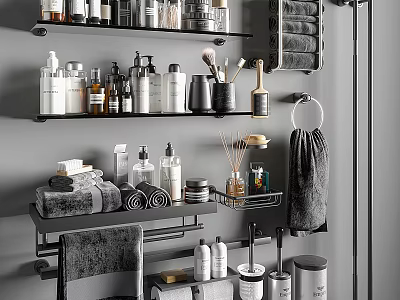 Organized Bathroom Shelves with Daily Washing Supplies Bottles Towels and Brushes 3d model